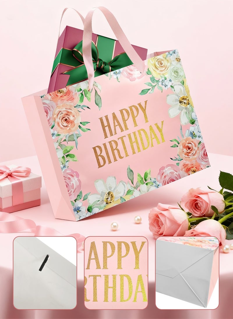 HomarKet 4 Pack Large Happy Birthday Gift Bag with Card and Tissue Papers, Handles Floral Design for Women Girls Birthday Party 33x12x26cm，Pink - Image 5